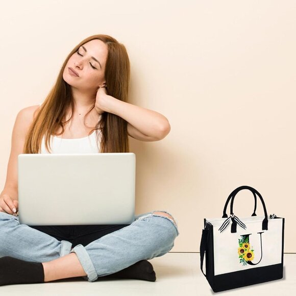 Sunflower Canvas Tote Bag Women with Zipper Pocket Large Capacity Durable - Picture 5 of 7